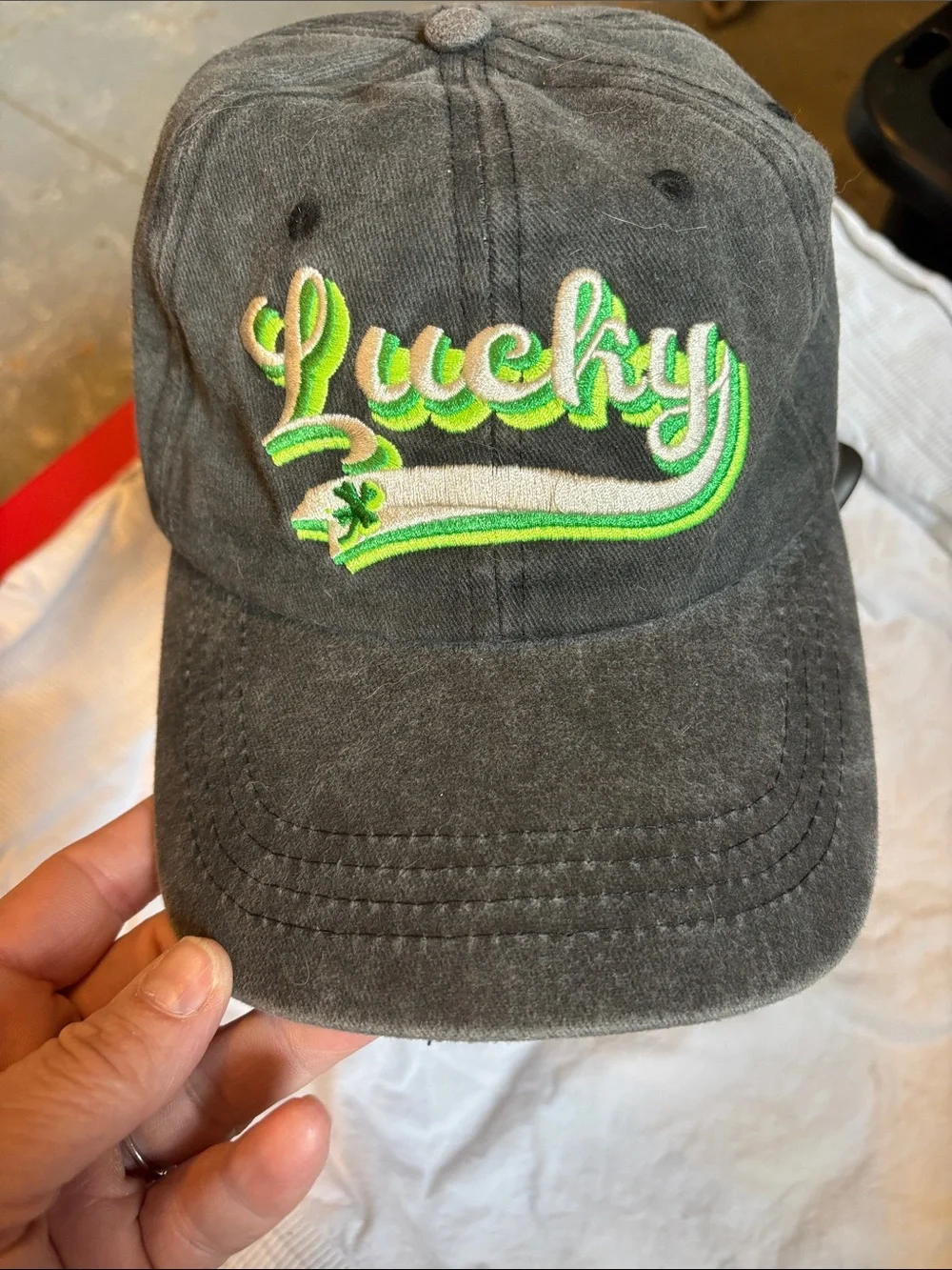Lucky Embroidered Kids Hat in Charcoal with Lime Green